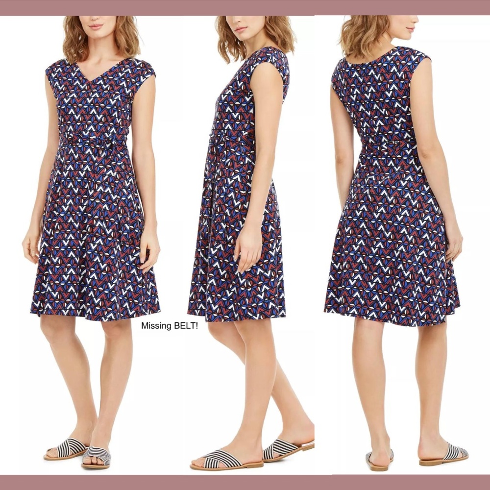 NEW $295 WEEKEND MAX MARA [ XS ] Thomas Geometric Tie Flare Dress In‎ Blue